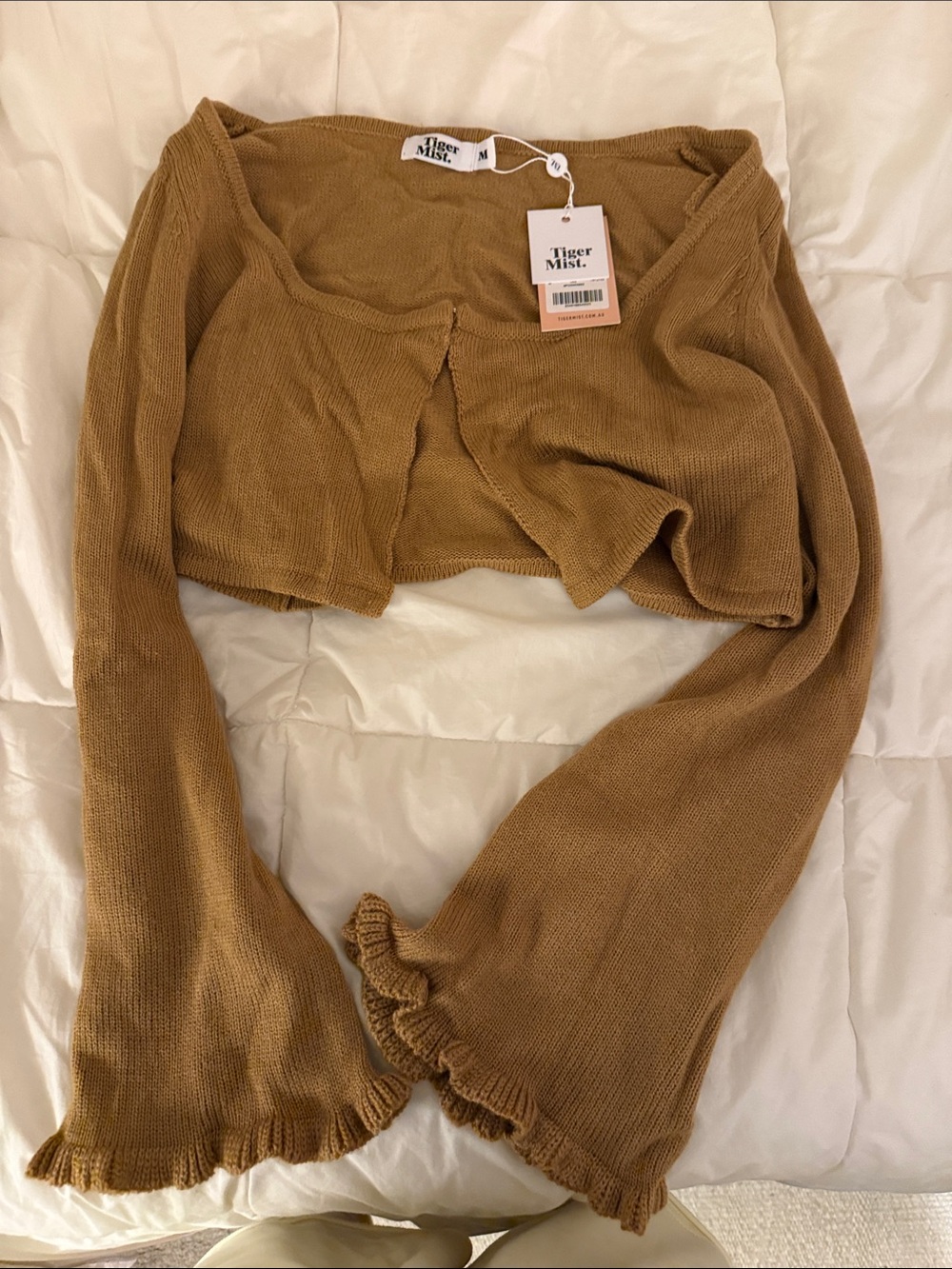 Tiger Mist Camel Ruffle-Sleeve Cropped Knit Shrug